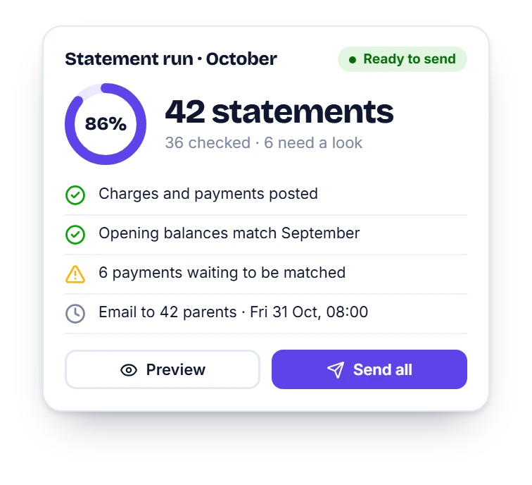 The HiDay statement run screen showing 42 statements ready to send