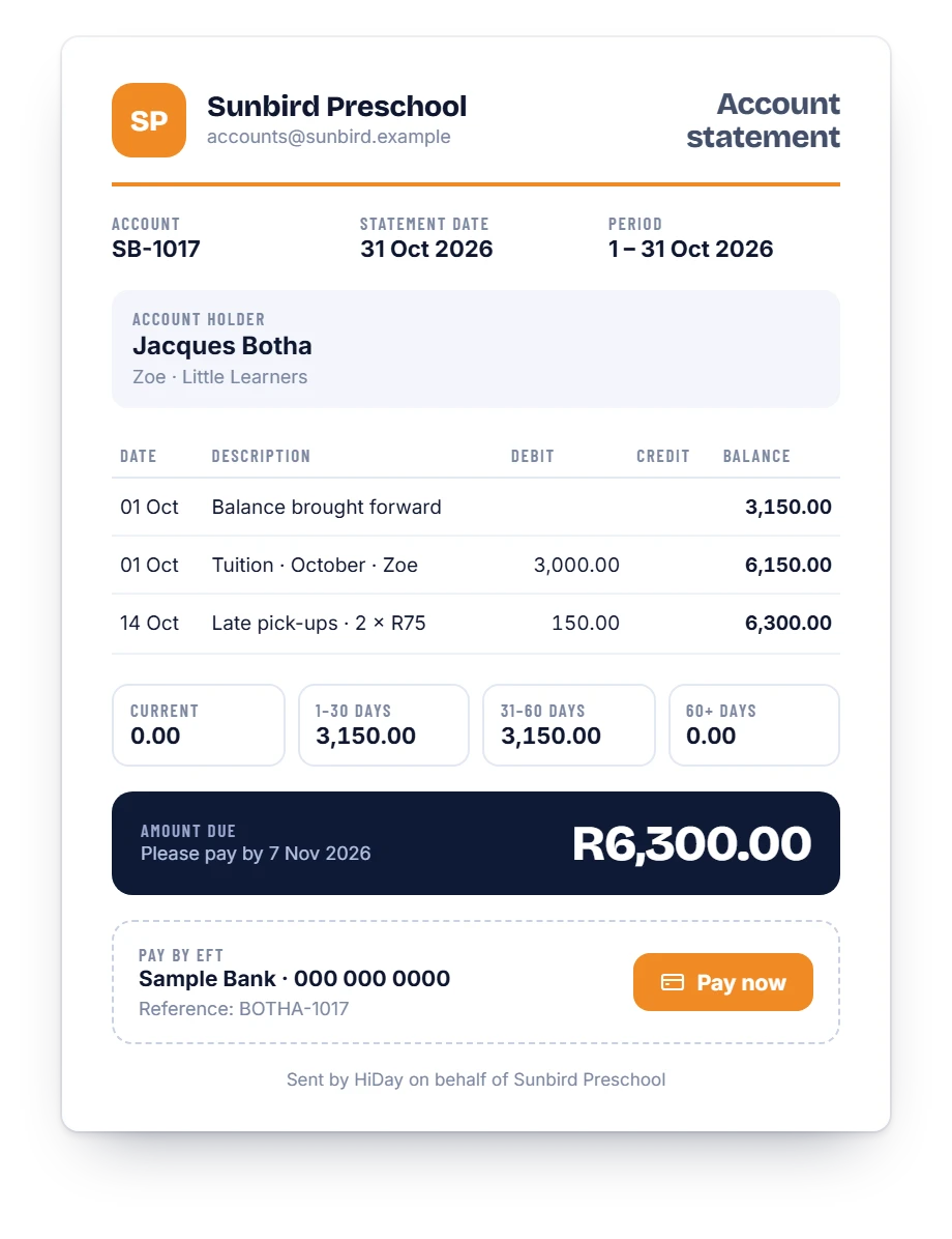 A HiDay monthly account statement with opening balance, charges, ageing and a pay-now button