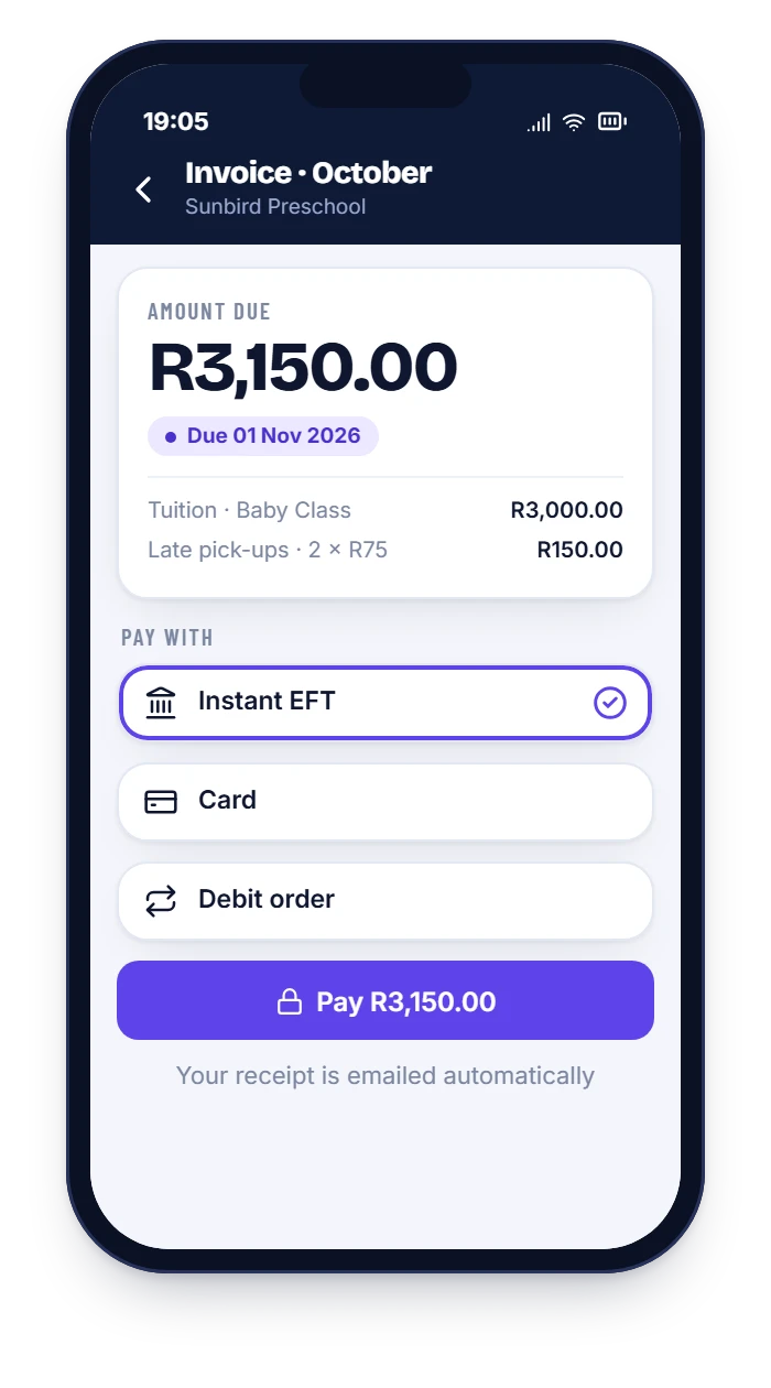 HiDay payment screen on a phone with instant EFT, card and a Pay button