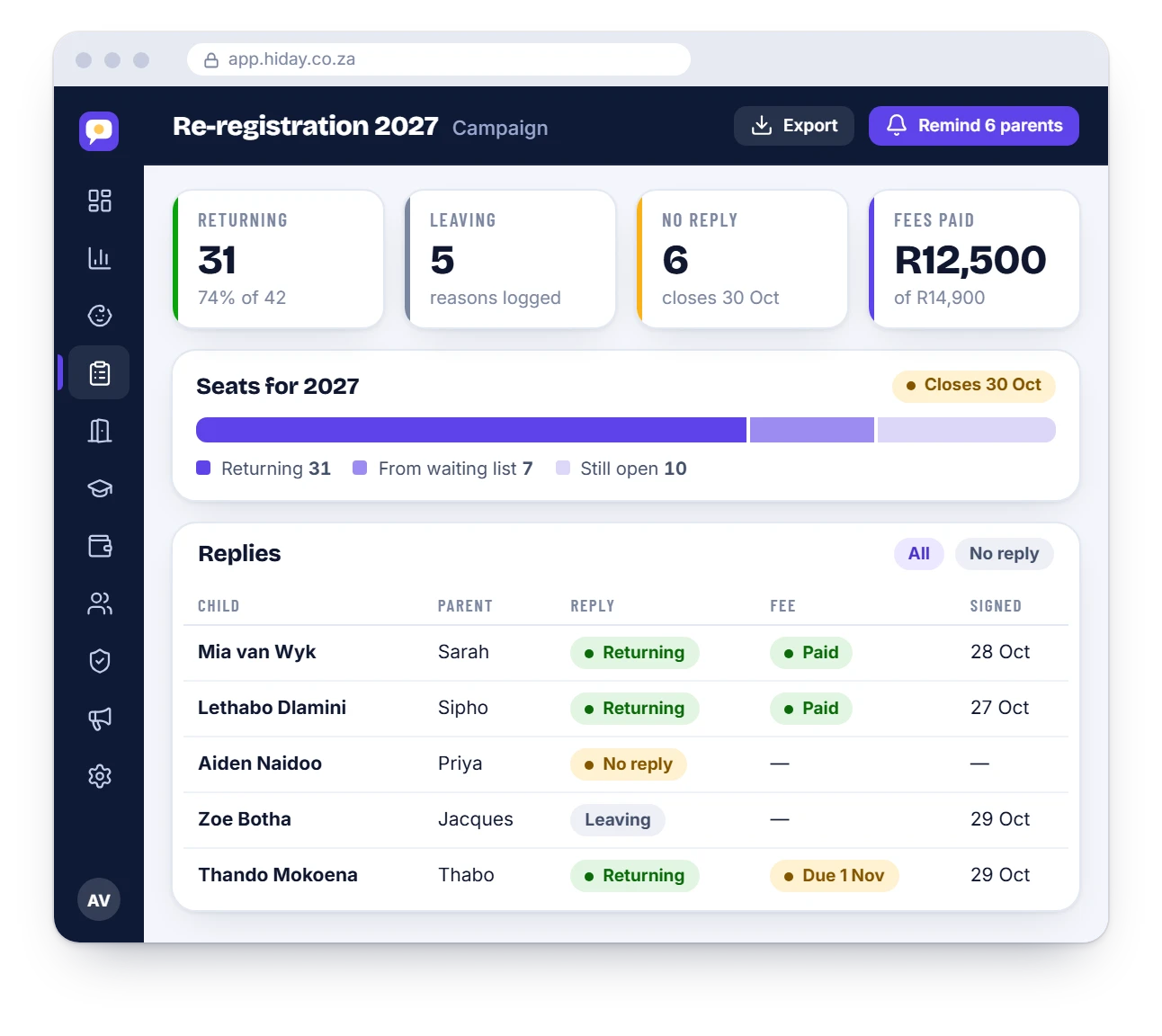 HiDay re-registration dashboard showing returning, leaving and no-reply counts and seats for next year